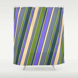 [ Thumbnail: Tan, Green, Medium Slate Blue, Slate Gray, and Dark Slate Gray Colored Lined/Striped Pattern Shower Curtain ]