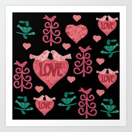 Pink doves and hearts Art Print