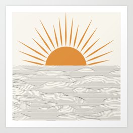 Minimalist Half Sun with Waves Drawing Doodle Art Print. Printable Modern Sunrise Illustration Decor Art Print