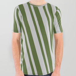 [ Thumbnail: Light Gray & Dark Olive Green Colored Lines/Stripes Pattern All Over Graphic Tee ]
