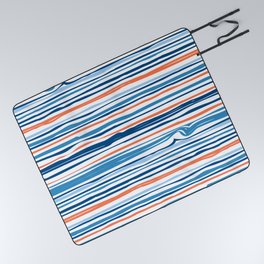 Modern Abstract Ocean Wave Stripes in Classic Blues and Orange Picnic Blanket