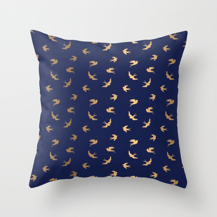 Gold Flying Birds Seamless Pattern on Navy Blue background Throw Pillow
