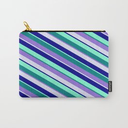 [ Thumbnail: Eye-catching Teal, Purple, Lavender, Dark Blue, and Aquamarine Colored Pattern of Stripes Carry-All Pouch ]