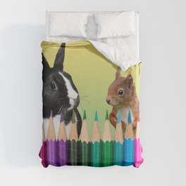 Colored Pencils - Squirrel & black and white Bunny - Rabbit Duvet Cover