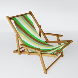 [ Thumbnail: Dark Sea Green, Tan, Light Cyan, Lime Green, and Brown Colored Pattern of Stripes Sling Chair ]