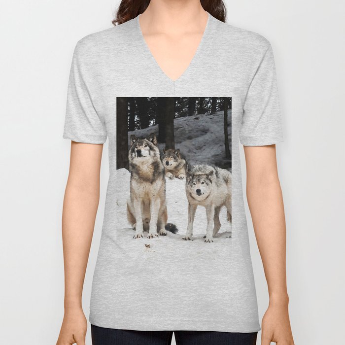 Landscape Photo Grey Wolf Gang Snowy V Neck T Shirt