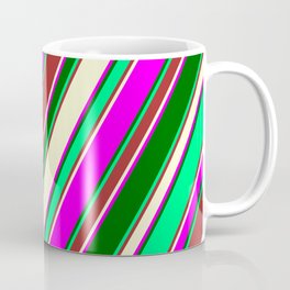 [ Thumbnail: Eyecatching Green, Brown, Light Yellow, Fuchsia, and Dark Green Colored Stripes Pattern Coffee Mug ]