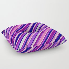 [ Thumbnail: Eye-catching Purple, Dark Orchid, Blue, Hot Pink & Light Grey Colored Lined Pattern Floor Pillow ]