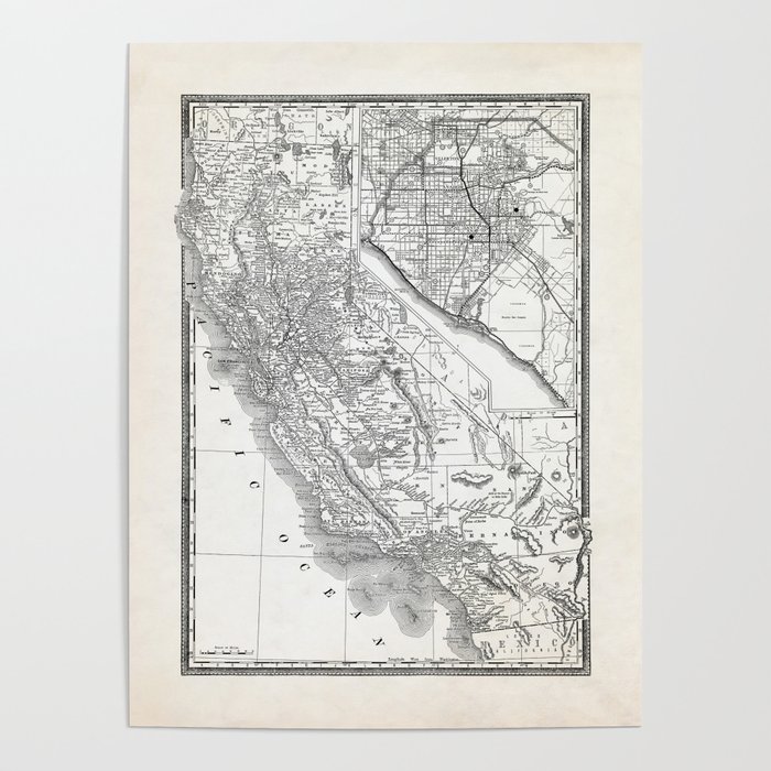 California & Orange County Vintage Map Poster
