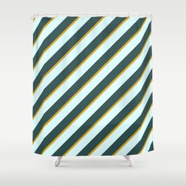 [ Thumbnail: Dark Slate Gray, Goldenrod, and Light Cyan Colored Striped/Lined Pattern Shower Curtain ]