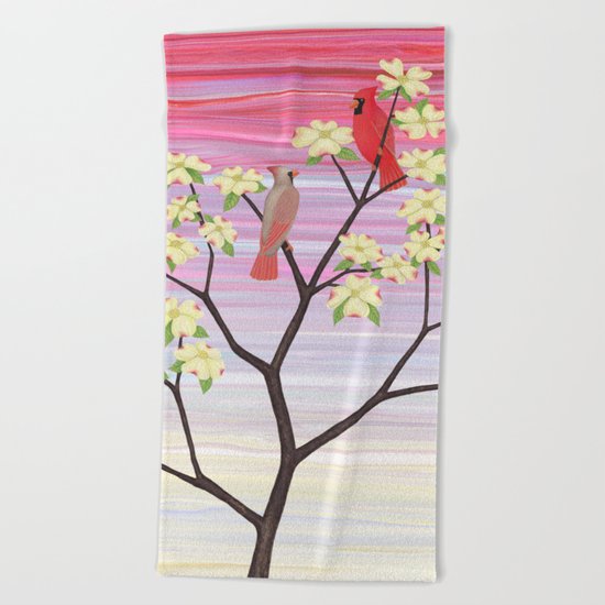 cardinals and dogwood blossoms Beach Towel