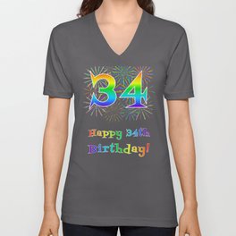 [ Thumbnail: 34th Birthday - Fun Rainbow Spectrum Gradient Pattern Text, Bursting Fireworks Inspired Background V Neck T Shirt V-Neck T-Shirt ]