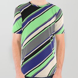 [ Thumbnail: Vibrant Green, Dim Grey, Midnight Blue, Beige & Black Colored Striped Pattern All Over Graphic Tee ]
