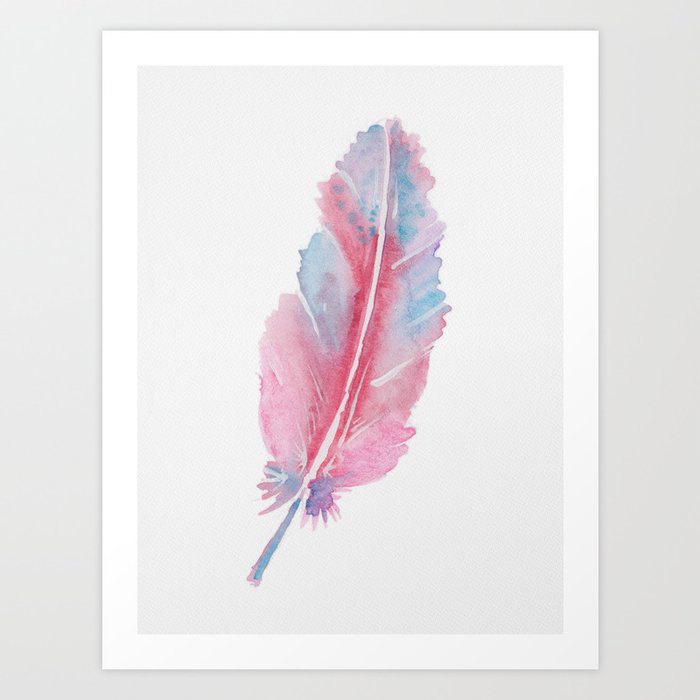 Watercolor Feather Pink & LightBlue Art Print