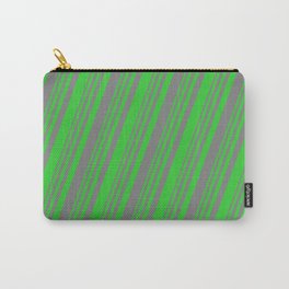 [ Thumbnail: Grey and Lime Green Colored Striped Pattern Carry-All Pouch ]