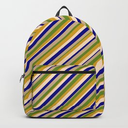 [ Thumbnail: Vibrant Dark Blue, Tan, Green, Goldenrod & Bisque Colored Striped Pattern Backpack ]