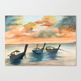Fishing boats at a calm sunset Canvas Print