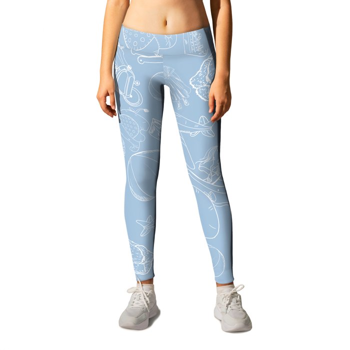 Pale Blue and White Toys Outline Pattern Leggings