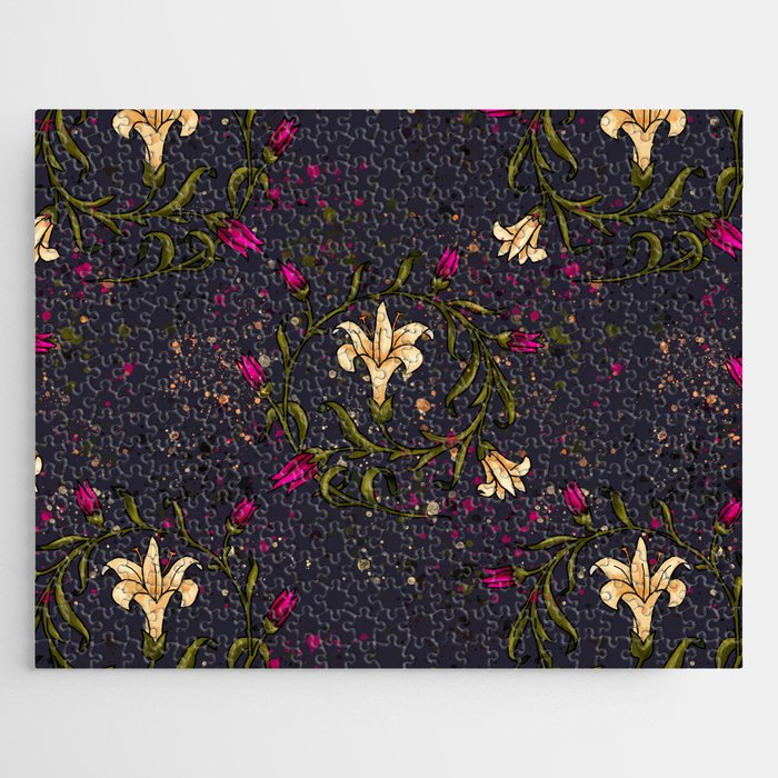 Decorative lily flower pattern, hand-drawn floral purple Jigsaw Puzzle