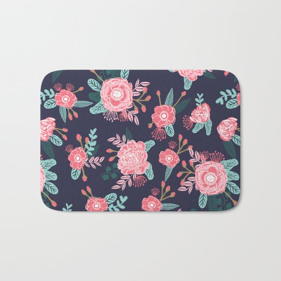 Peony floral bouquet navy pink bright happy flowers dorm college office decor must have pattern Bath Mat