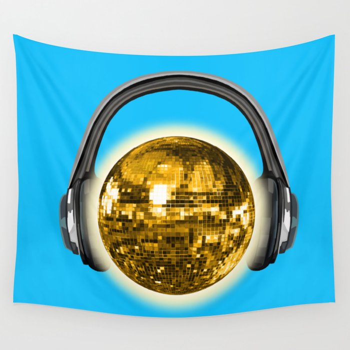 Gold Sunny Disco Ball Sun with Headphones Wall Tapestry