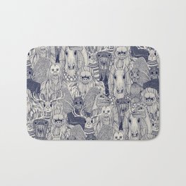 cryptid crowd blue off white Bath Mat | Navy, Sasquatch, Folklore, Jackalope, Mokele Mbembe, Offwhite, Drawing, Legend, Halloween, Seaserpent 