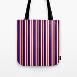 [ Thumbnail: Red, Beige, Indigo, and Black Colored Stripes Pattern Tote Bag ]