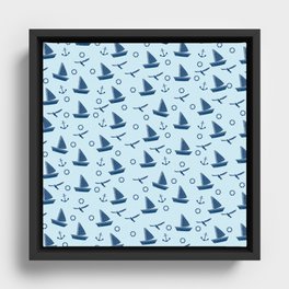 Cute Boats In Blue Background Print Pattern Framed Canvas