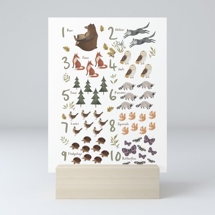 Woodland forest numbers - matches alphabet, for kids / children Mini Art Print