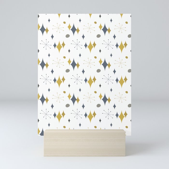 Retro Starburst Mid Century Modern Pattern in Navy, Grey and Mustard Yellow Mini Art Print