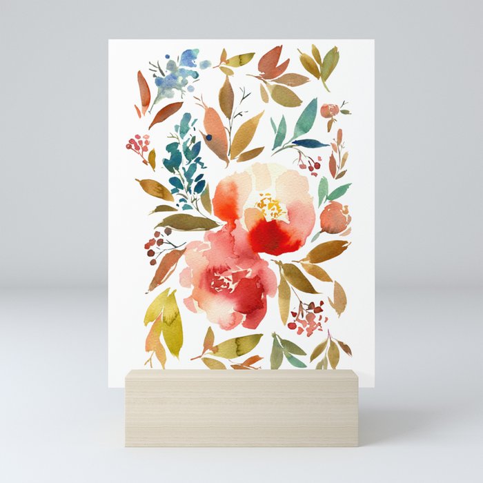 Red Turquoise Teal Floral Watercolor Mini Art Print