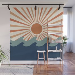 Retro, Sun and Wave Art, Blue and Orange Wall Mural