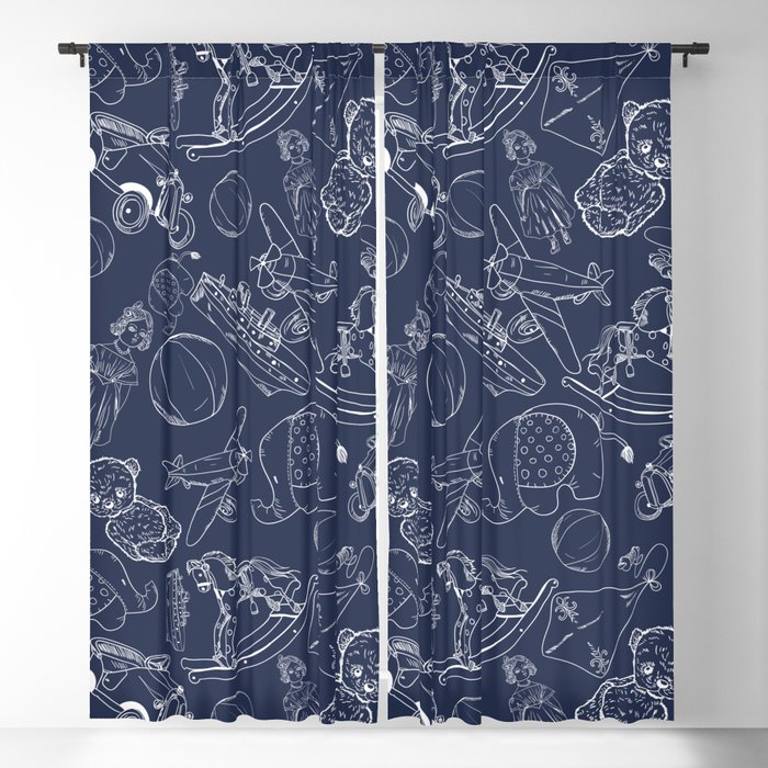 Navy Blue and White Toys Outline Pattern Blackout Curtain