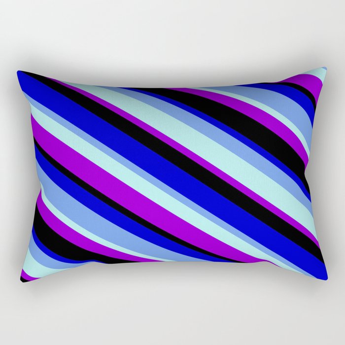Colorful Blue, Cornflower Blue, Turquoise, Dark Violet, and Black Colored Pattern of Stripes Rectangular Pillow