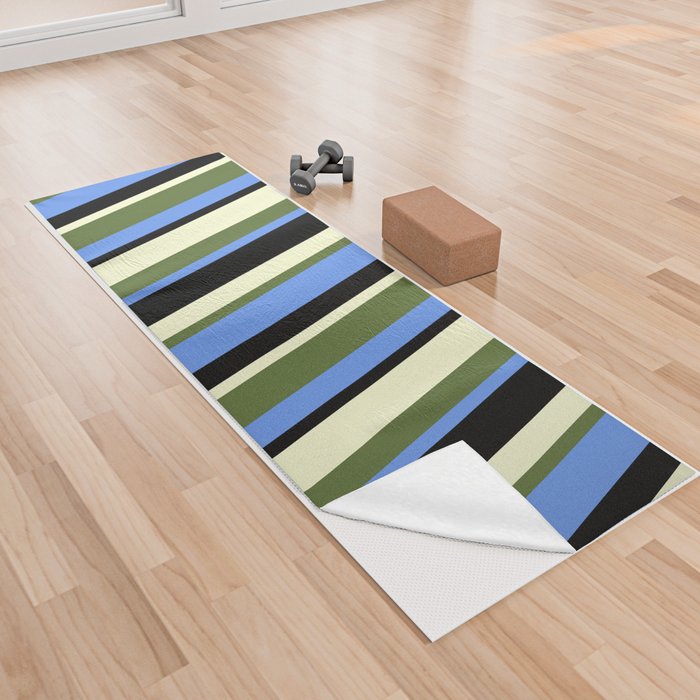 Cornflower Blue, Dark Olive Green, Light Yellow, and Black Colored Lines/Stripes Pattern Yoga Towel