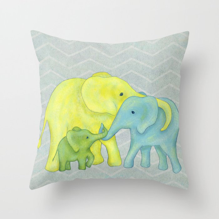 Elephant Family of Three in Yellow, Blue and Green Throw Pillow