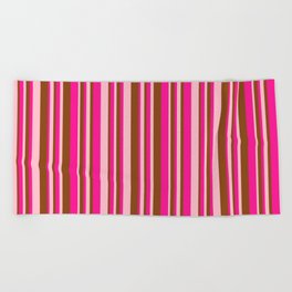[ Thumbnail: Deep Pink, Brown & Pink Colored Striped Pattern Beach Towel ]