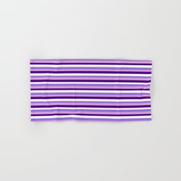 [ Thumbnail: Eyecatching Plum, Indigo, White & Purple Lines/Stripes Pattern Hand & Bath Towel ]