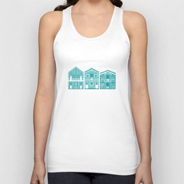 Monochromatic Portuguese houses // peacock teal background white striped Costa Nova inspired houses Unisex Tank Top