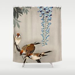 Sparrows and wisteria flower - Vintage Japanese Woodblock Print Art Shower Curtain