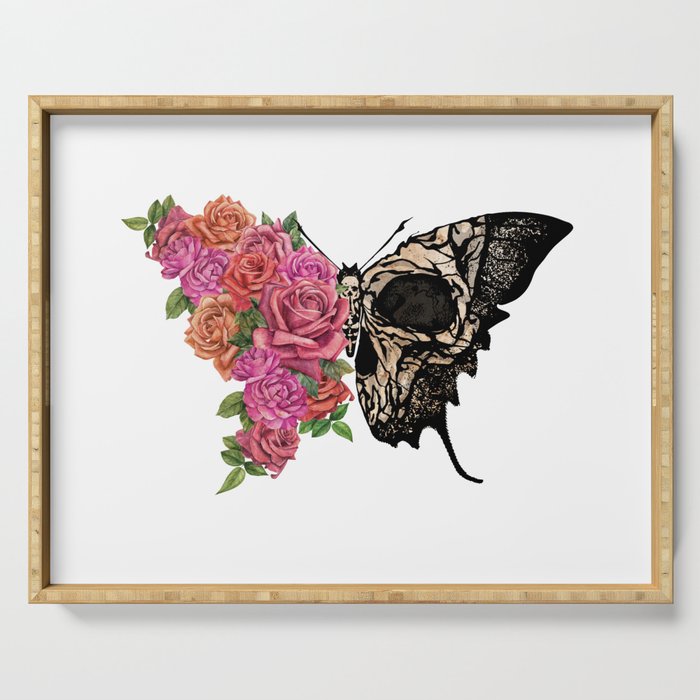 Butterfly moth half wings roses art Serving Tray