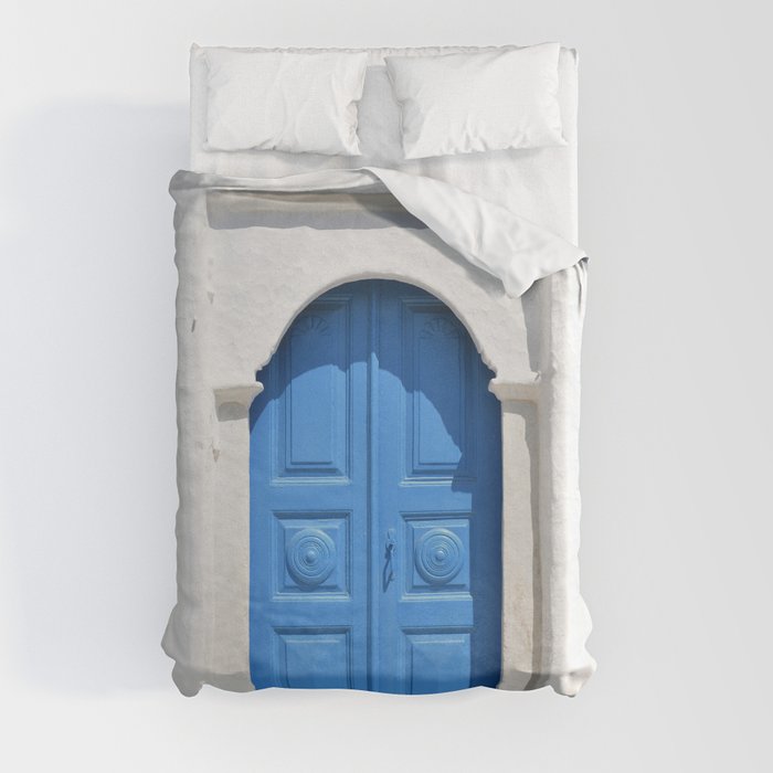 Greek Island Church Entance Door in Sifnos, White and Blue Minimalist Architecture Photography Duvet Cover