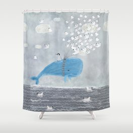 up and up Shower Curtain | Nurseryartprint, Babywhales, Whales, Penguins, Adventure, Seagulls, Nature, Watercolor, Arcticanimals, Children 