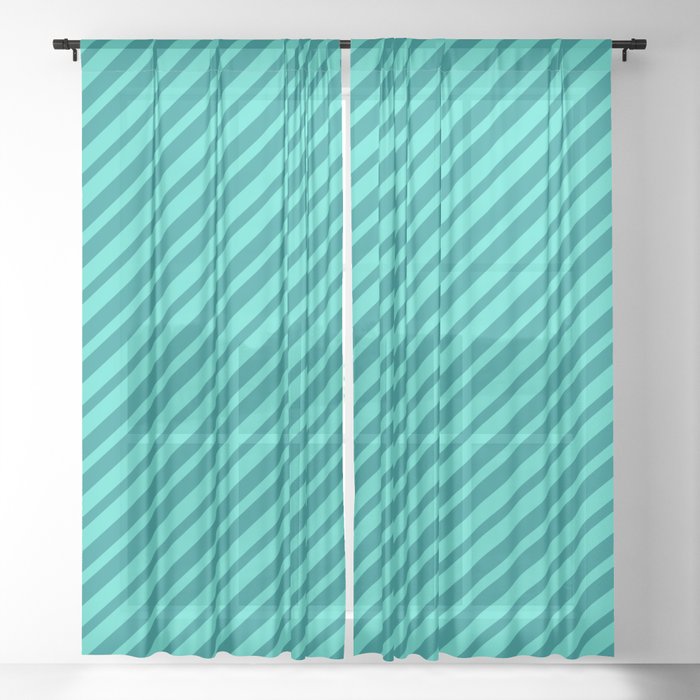 Dark Cyan & Turquoise Colored Lines/Stripes Pattern Sheer Curtain