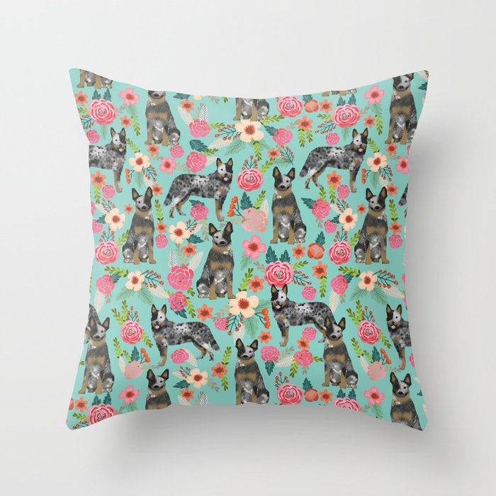 Australian Cattle Dog florals dog breed customized pet portrait by pet friendly Throw Pillow