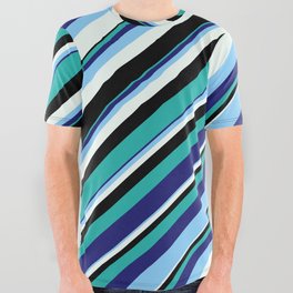 [ Thumbnail: Colorful Light Sea Green, Midnight Blue, Light Sky Blue, Mint Cream & Black Colored Stripes Pattern All Over Graphic Tee ]