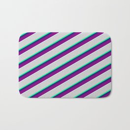 [ Thumbnail: Vibrant Light Gray, Green, Midnight Blue, Purple & Light Cyan Colored Striped/Lined Pattern Bath Mat ]