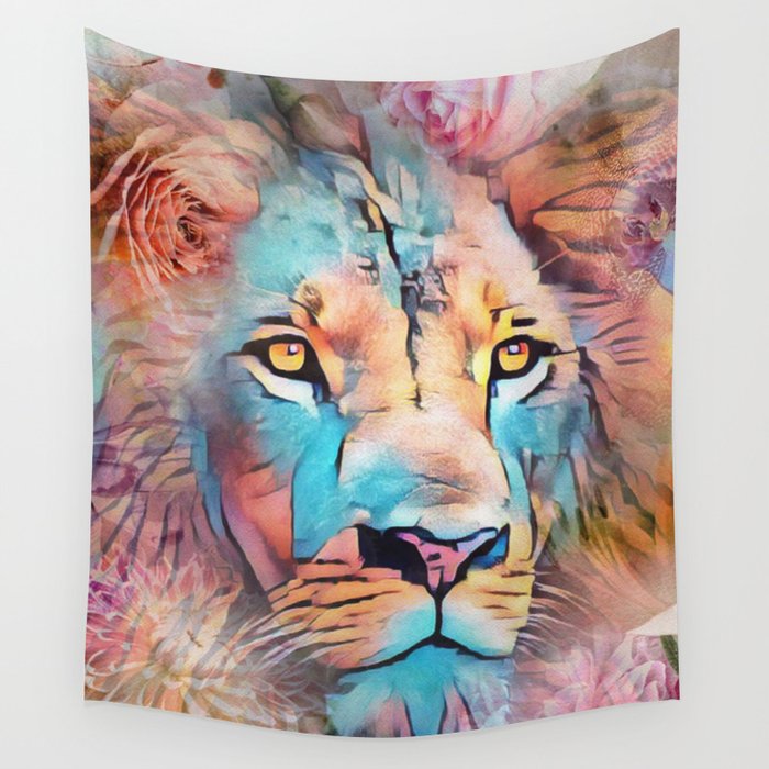 Colorful Lion Full Mane Surrounded by Flowers Wall Tapestry