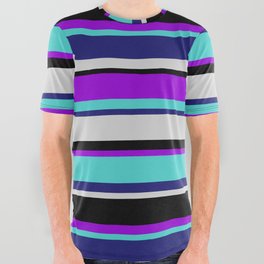 [ Thumbnail: Colorful Dark Violet, Turquoise, Midnight Blue, Light Gray & Black Colored Striped/Lined Pattern All Over Graphic Tee ]