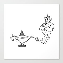 Genie Coming Out of Oil Lamp Black and White Drawing Canvas Print